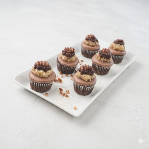 German chocolate cupcakes with coconut pecan topping by the dozen